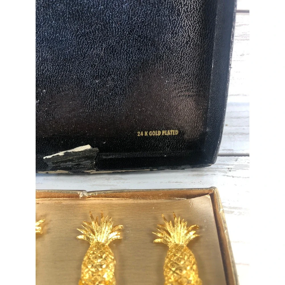 Janis Collection 24K Gold Plated Pineapple Appetizer Fork Set of 6 Vintage Boxed